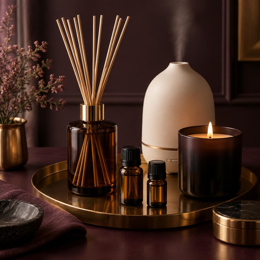 Reed diffuser, essential oils, candle and ceramic humidifier