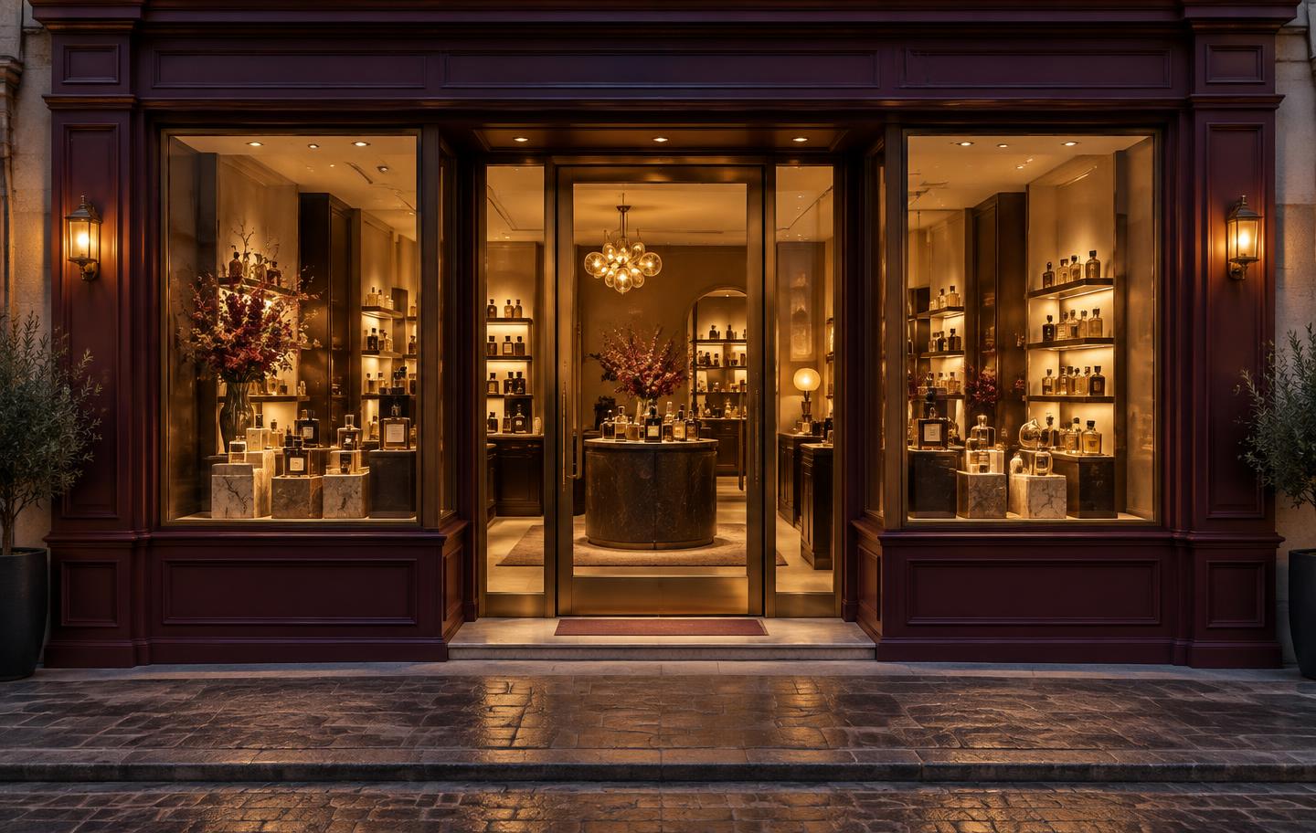 Illustrative fragrance boutique with a plum facade and warmly lit perfume shelves