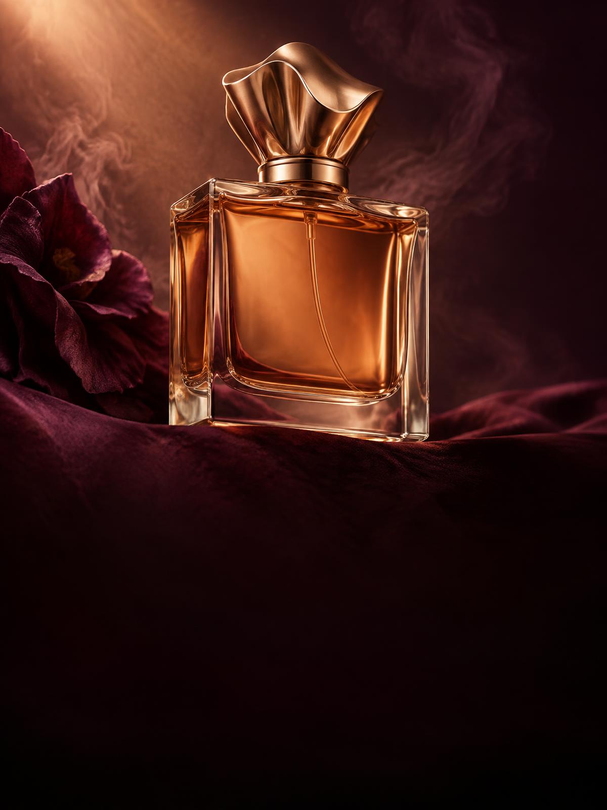 Amber perfume bottle with a sculptural rose-gold cap on plum silk
