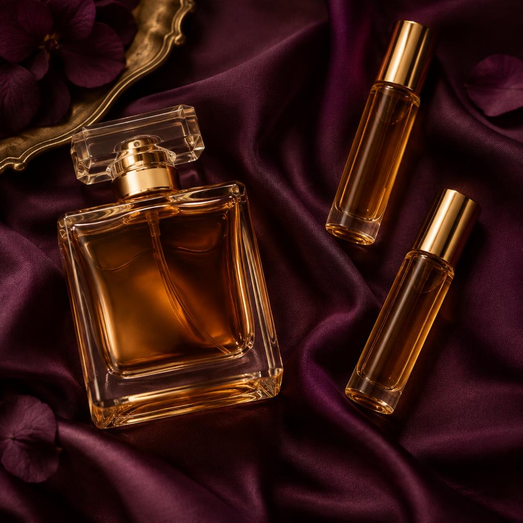 Amber perfume and roll-on perfume oils arranged on plum silk